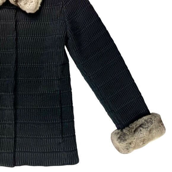 Grandi Faux Fur Trim Coat Women M Black Ribbed Classic Vintage 60s Luxury Jacket - Picture 4 of 16